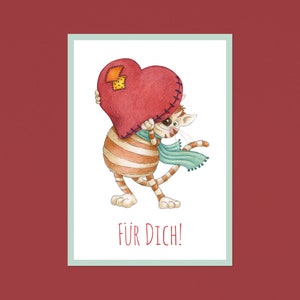 Postkarte Für Dich, A6, Grußkarte, Geschenkkarte, Geschenk, Liebe, Aquarell, Tier, Katze, Herz, nachhaltig