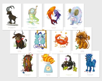 12x postcard set · Zodiac sign · Signs of the zodiac · Birthday · Birth · A6 · Watercolor · Crayon · Illustration · climate-neutral printing