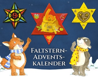 Faltstern Adventskalender für Kinder von 6 bis 100+ Jahren, eine Faltanleitung, 24 Motive, jeden Tag einen Stern basteln (je 7cm), DIY