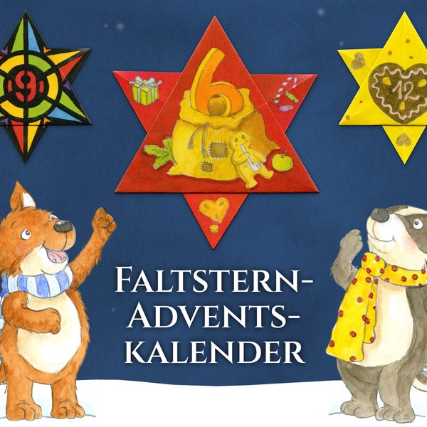 Faltstern Adventskalender für Kinder von 6 bis 100+ Jahren, eine Faltanleitung, 24 Motive, jeden Tag einen Stern basteln (je 7cm), DIY