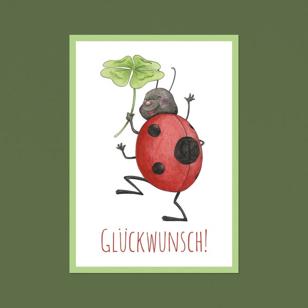 Postkarte Glückwunsch, A6, Grußkarte, Geschenkkarte, Abschluss, Erfolg, Geburtstag, Aquarell, Tier, Marienkäfer, Kleeblatt, nachhaltig