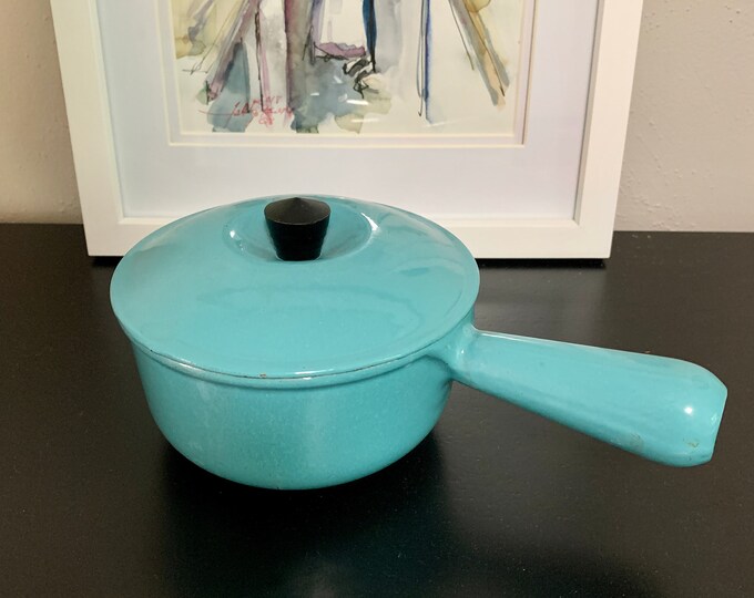 Vintage French Le Creuset Enamel Paris Blue Cast Iron Saucepan 14 1950
