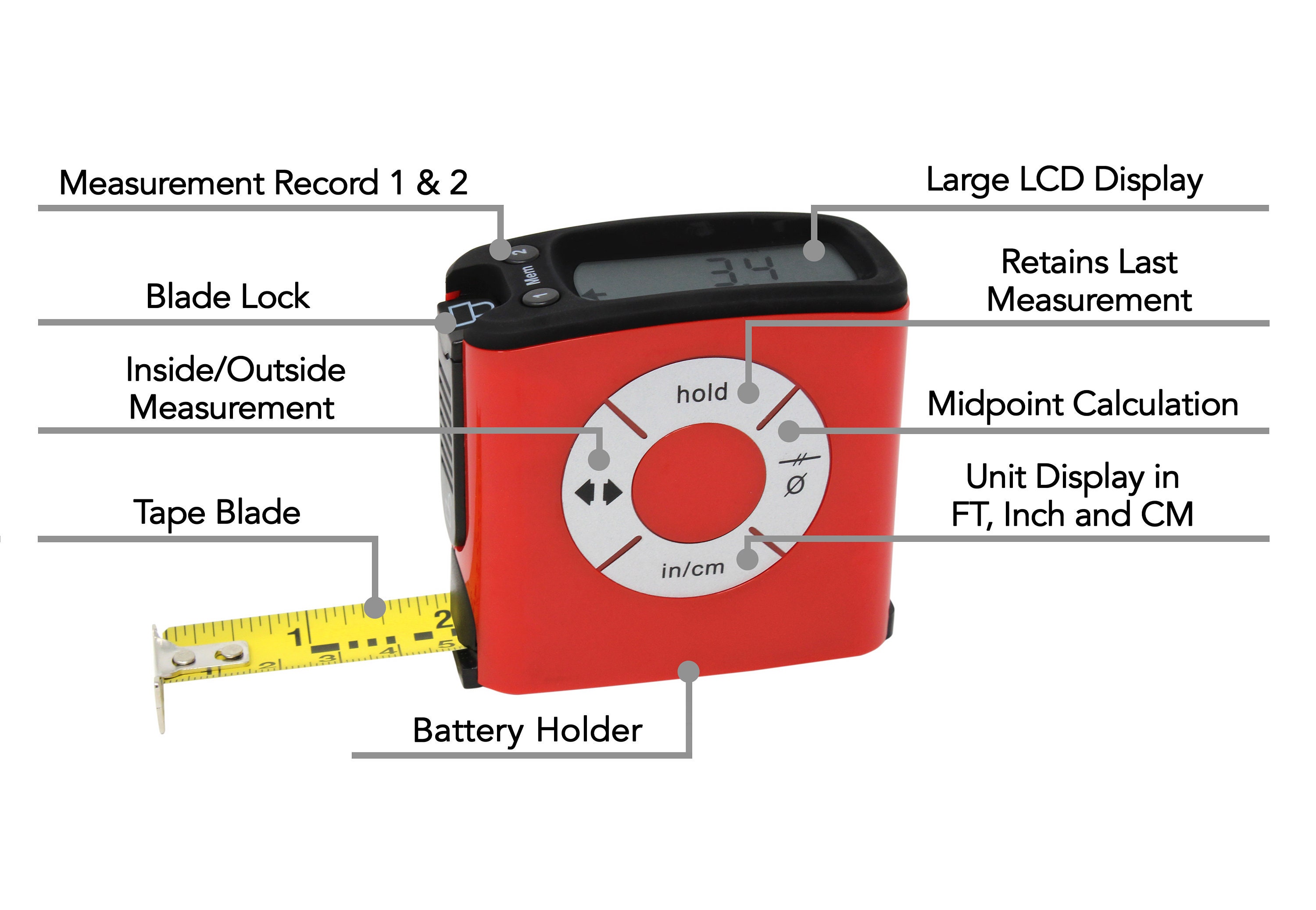 K Digital Tape Measure, Display Reads Accurate Distance, English and