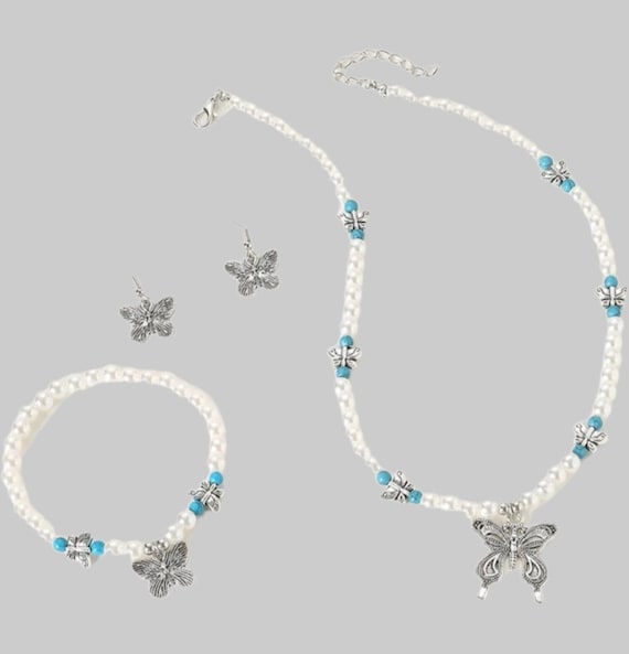Pearl,Butterfly,Jewelry Set, Pearl Bracelet Neckl… - image 5
