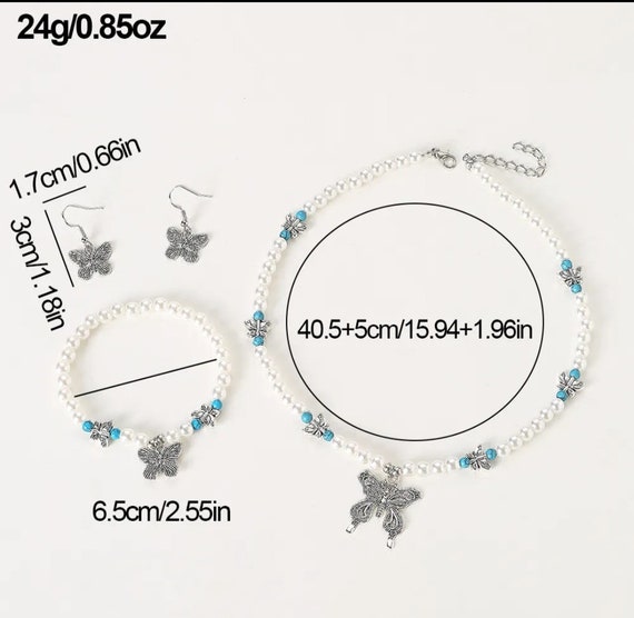 Pearl,Butterfly,Jewelry Set, Pearl Bracelet Neckl… - image 3