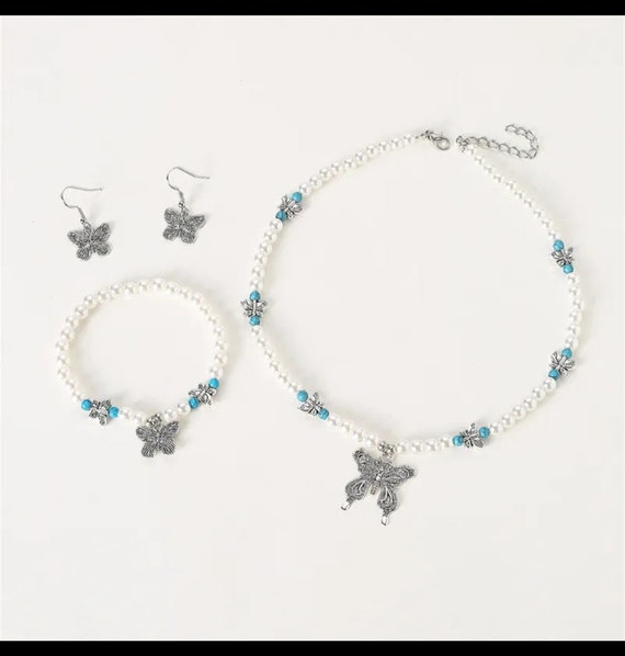 Pearl,Butterfly,Jewelry Set, Pearl Bracelet Neckl… - image 2