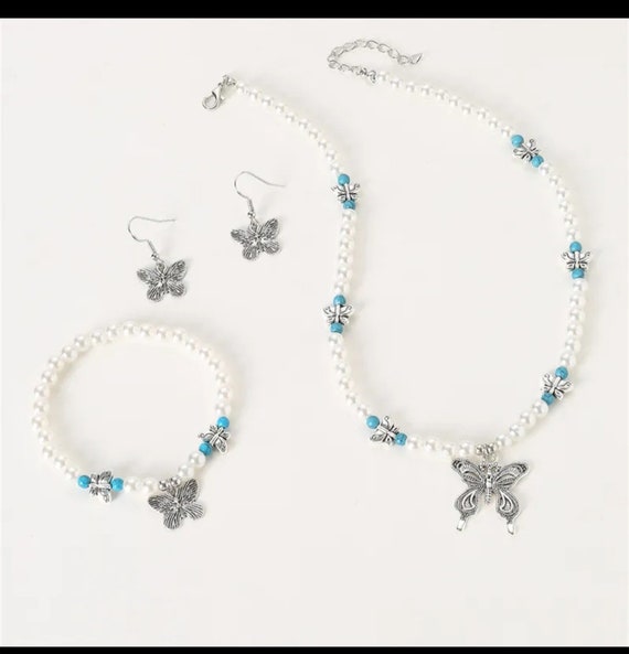 Pearl,Butterfly,Jewelry Set, Pearl Bracelet Neckl… - image 7