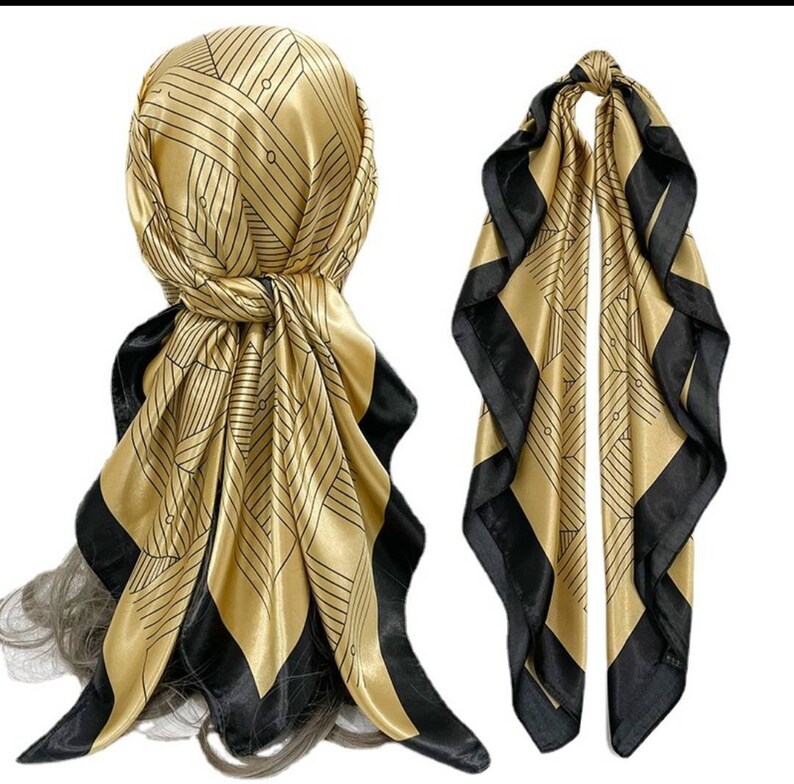 Gold Satin Scarf,Silky Hair Scarf,Square Neck Scarf For Woman,Bohemian Head Scarf,Turban Head wrap,Spring Summer Scarf, image 2