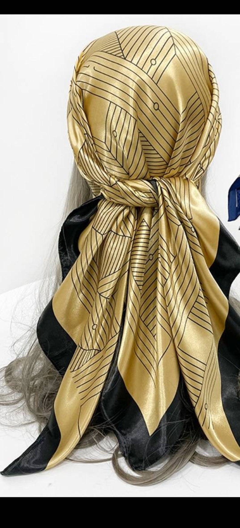 Gold Satin Scarf,Silky Hair Scarf,Square Neck Scarf For Woman,Bohemian Head Scarf,Turban Head wrap,Spring Summer Scarf, afbeelding 3