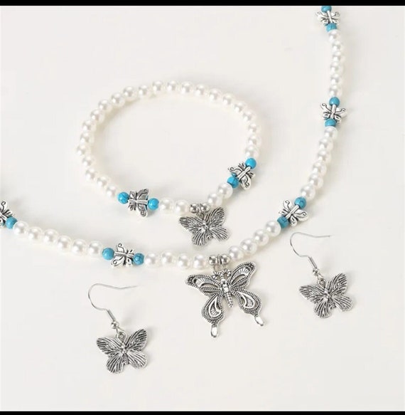 Pearl,Butterfly,Jewelry Set, Pearl Bracelet Neckl… - image 1
