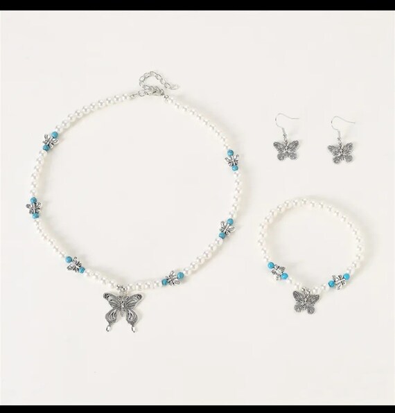 Pearl,Butterfly,Jewelry Set, Pearl Bracelet Neckl… - image 4