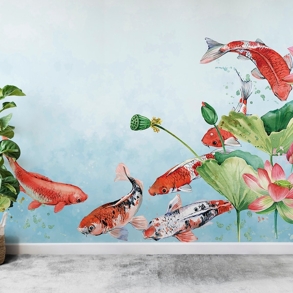 Koi Fish Watercolor Asian Art Wallpaper, Chinoiserie Lotus Flower Wall Mural, Koi Fish Lotus Flower Bathroom Wallpaper, Koi Wall Murals