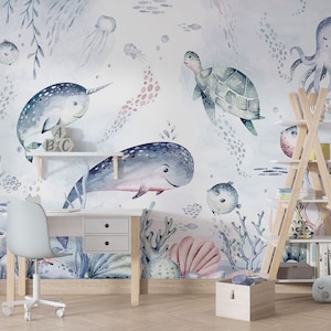 Wallpaper for children&#39;s rooms, Under the Sea Wallpaper, Sea Life Wallpaper, Nursery Ocean Life Wall Decor, Child Room Sea Animals Wallpaper