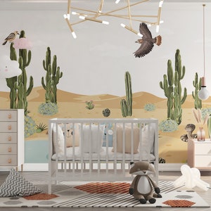 Texas Desert Animals Cactus Wall Decor, Boho Wall Art -Self Adhesive Nursery Wallpaper, Watercolor Effect Removable Cactus Wall Mural