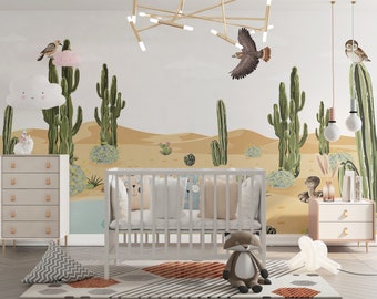 Texas Desert Animals Cactus Wall Decor, Boho Wall Art -Self Adhesive Nursery Wallpaper, Watercolor Effect Removable Cactus Wall Mural