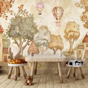 Bohemian Colors Self Adhesive Nursery Wallpaper, Autumn Trees Watercolor Effect Peel and Stick Wall Mural, Hot Air Balloons Kids Wall Mural