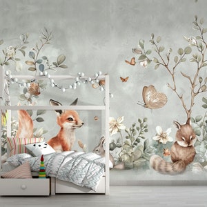 Mural de pared de animales del bosque, encantador tema forestal para la decoración de habitaciones infantiles, mural extraíble de mariposas, zorros y bosques para guardería.