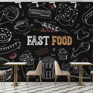 Papel tapiz personalizable de restaurante de comida rápida, papel tapiz despegable y adhesivo de hamburguesa, pizza y kebab, mural de pared de cafetería