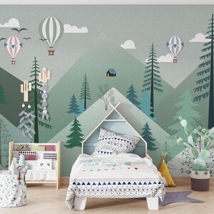 Green Forest Mountain Nursery Wall Mural, Hot Air Balloon Wallpaper, Trees Baby Wall Mural Self Adhesive Kids Child Room Wallpaper