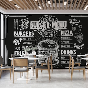 Papel pintado de hamburguesas en blanco y negro, mural de pared autoadhesivo culinario, mural de cafetería bistró, mural de póster de hamburguesas
