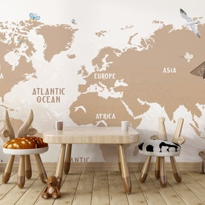 Avions rétro couleurs beige pastel, carte du monde, papier peint enfant, salle de jeux papier peint chambre d'enfant, papier peint carte motif chambre d'enfant, décoration murale chambre de bébé