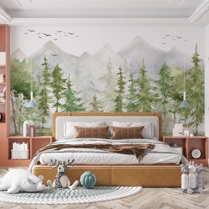Kids Wallpaper Mountain and Trees Peel & Stick Textured Wall Mural Self ...