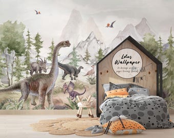 Watercolor Dinosaur Wallpaper Mural, Peel and Stick or Traditional, Kids Room Decor