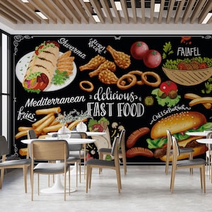 Carta da parati per ristoranti fast food con sapori mediterranei, poster murale culinario personalizzabile, murales murali con hamburger, falafel, shwarma e patatine fritte