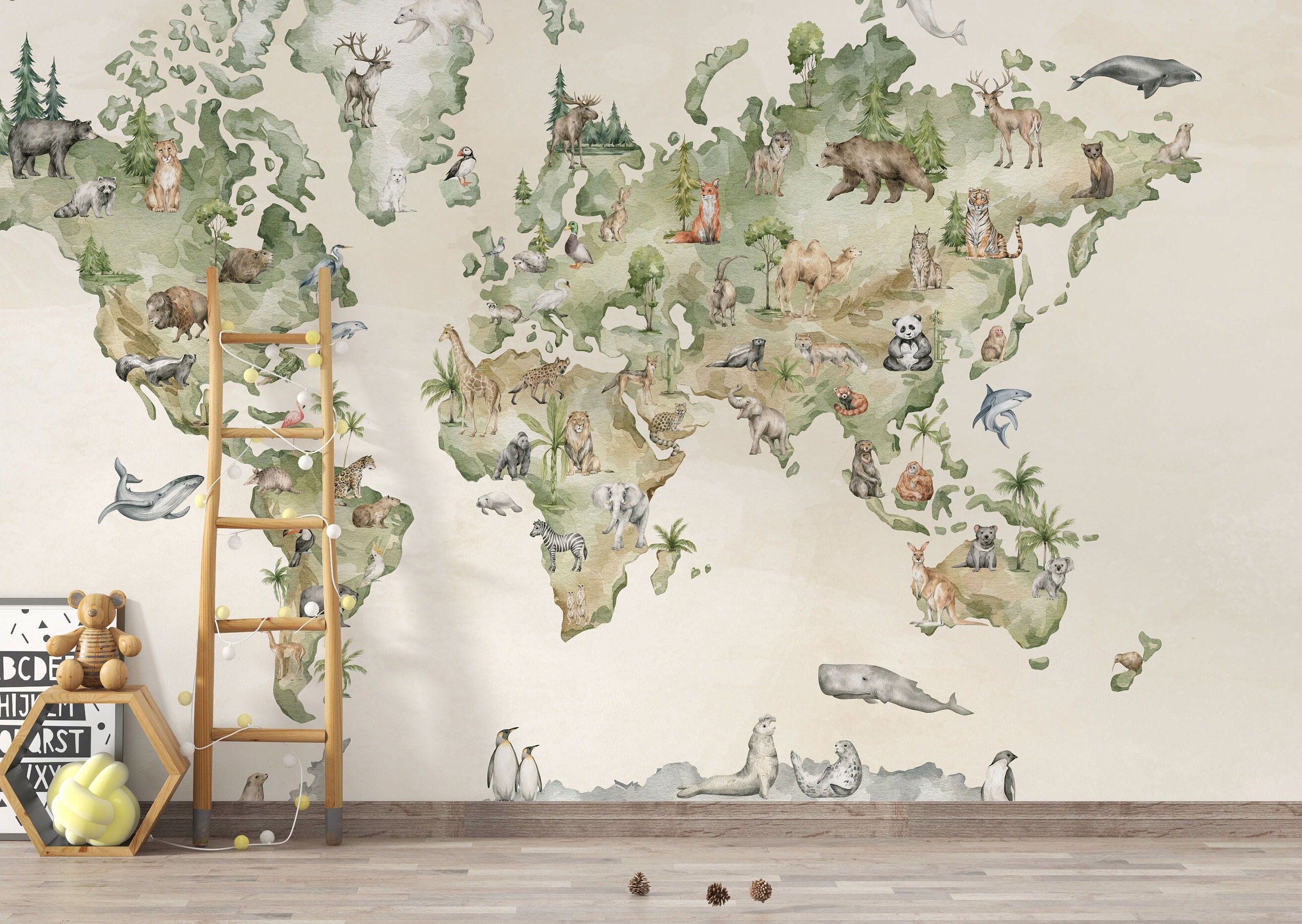 Watercolor Animal World Map Kids Room Wallpaper – Educational School ...
