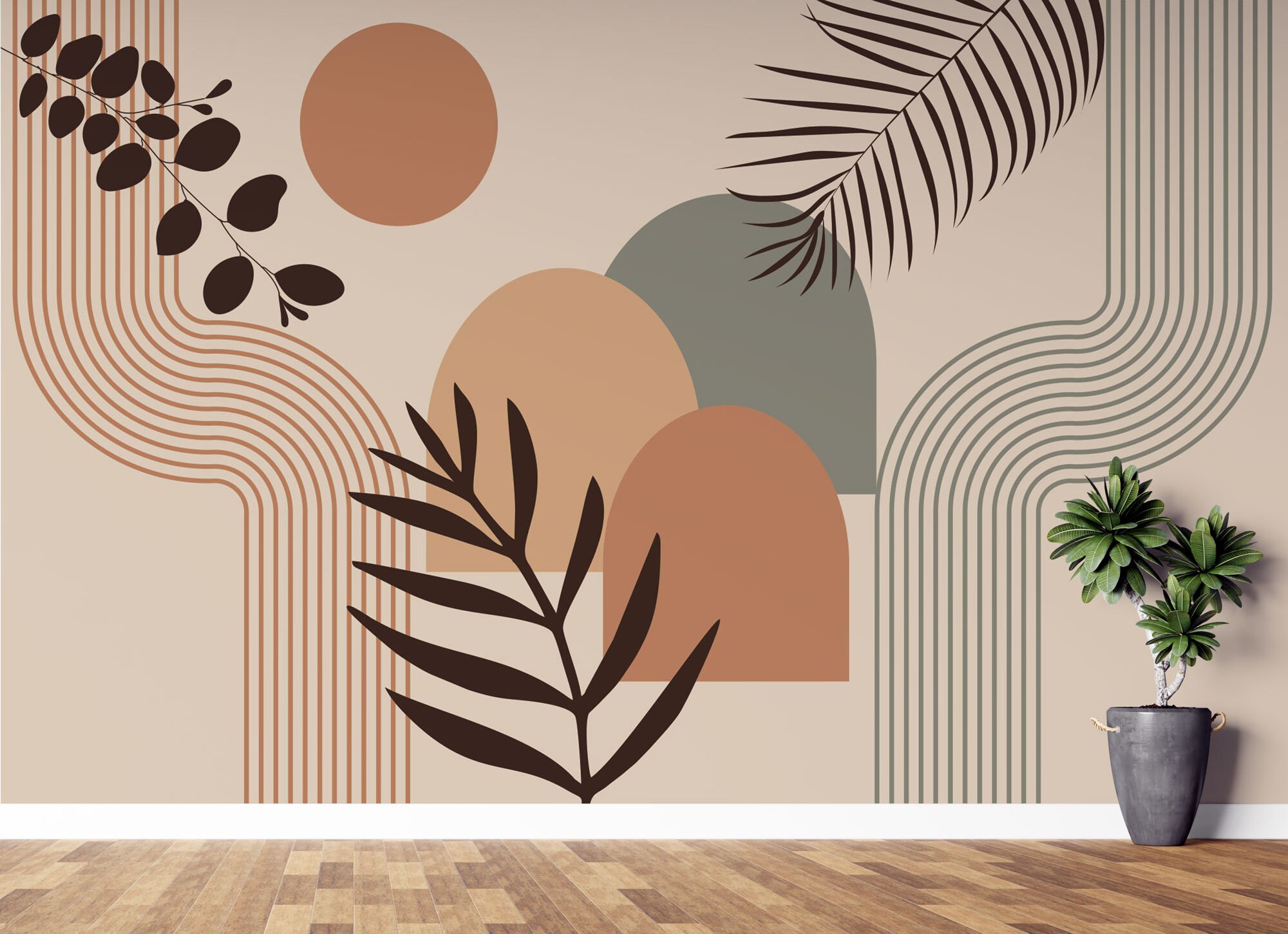 Modern Abstract Wallpaper, Customizable Boho Leaves Wall Mural, Boho