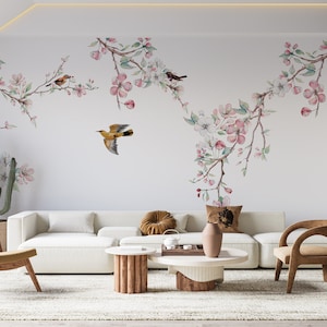 Asian Flowers Peel Stick Wallpaper, Japanese Cherry Blossoms Wall Mural, Soft Colors Floral Wallpaper, Chinoiserie Self Adhesive Wall Mural
