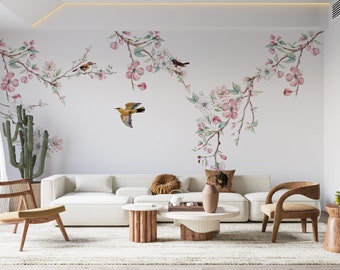 Flores asiáticas pelar y pegar papel pintado, decoración de pared de grandes flores, papel pintado floral suave de acuarela, papel autoadhesivo mural de pared chinoiserie