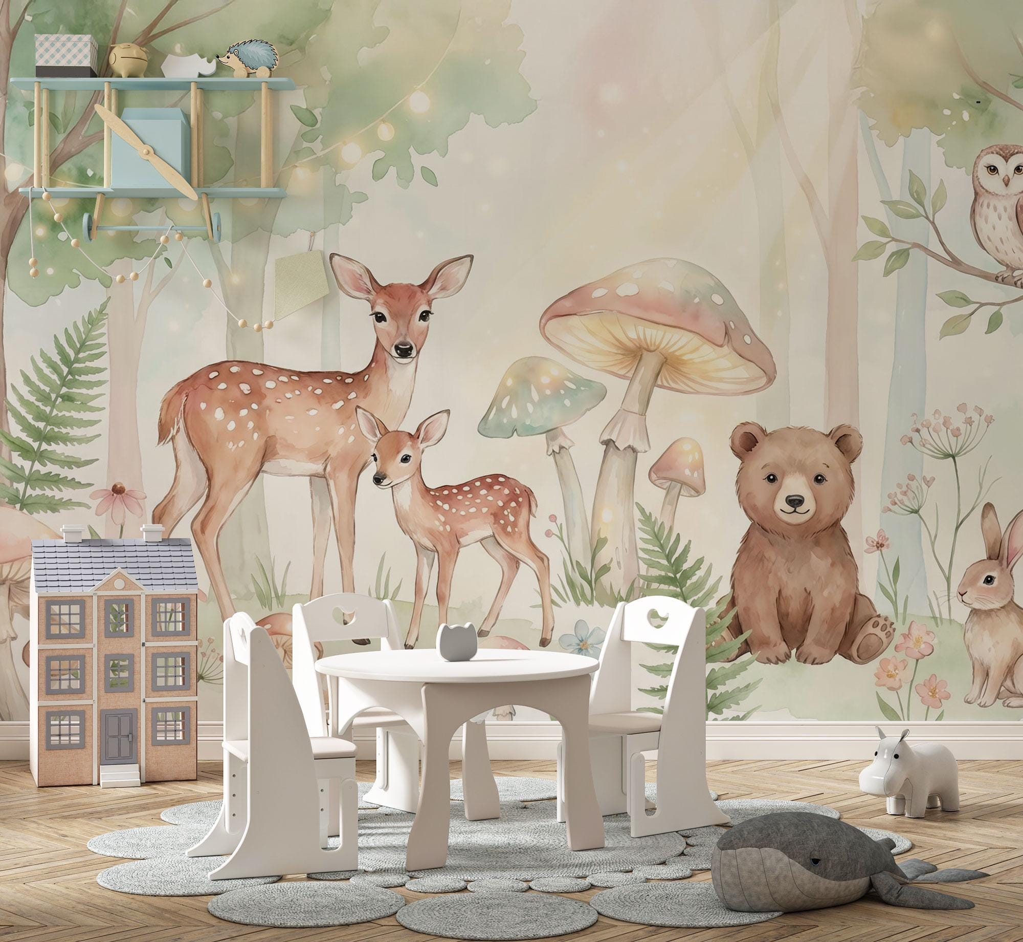 Woodland Nursery Wallpaper, Watercolor Forest Animals Wall Mural, Deer ...