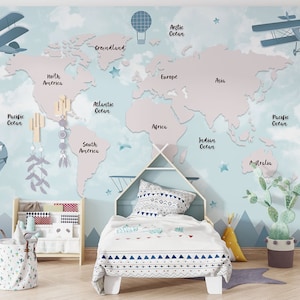 Blaue Farben Nordischer Stil Weltkarte Berge Kinderzimmer Tapete, Retro Flugzeuge Heißluftballons Kinderzimmer Wandbild Jungen Kinderzimmer Wandbild