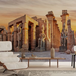 Immagine del Tempio di Luxor, Splendido Panorama al Tramonto, Murale con Mitologia Egizia del Tempio di Luxor, Murale con Immagine Storica