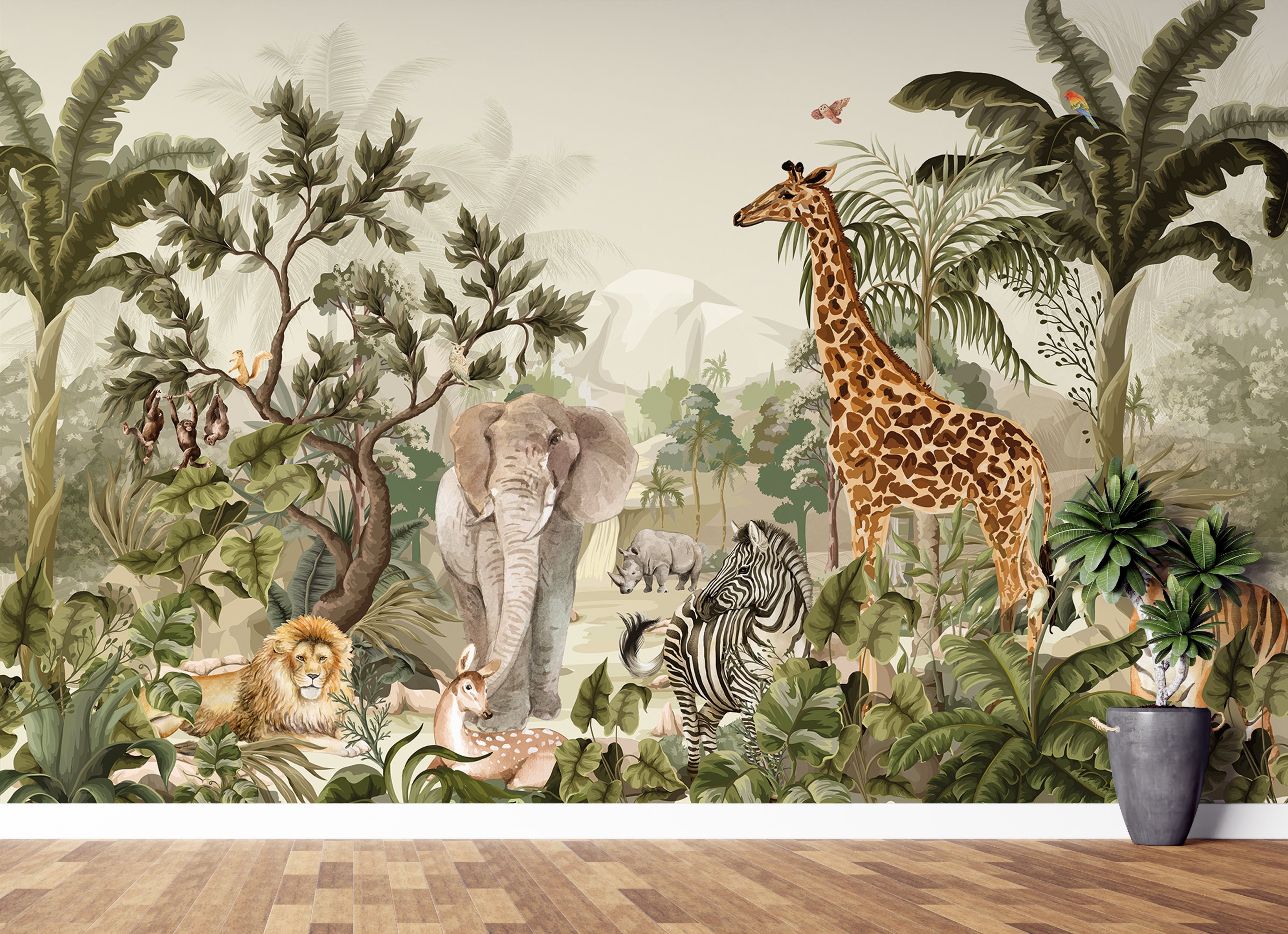Safari Wallpaper Jungle Wall Mural Nursery Jungle Animals Etsy