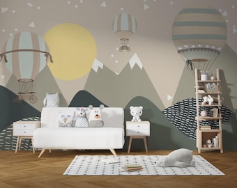 Mural infantil con diseño de globo aerostático en la montaña, papel pintado escandinavo en tonos pastel para habitaciones infantiles (autoadhesivo).