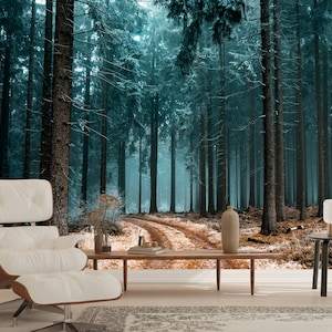 Woodland Peel and Stick Wall Mural, Forest Wallpaper, Nature Forest Wall Mural, Foggy Forest Self Adhesive Mural, Mystic Mural Wallpaper
