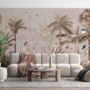 Beige Brown Tree Forest Wall Mural, Palm Trees Living Room Wallpaper, Woodland Wall Mural, Custom Sizes Forest Peel And Stick Wallpaper