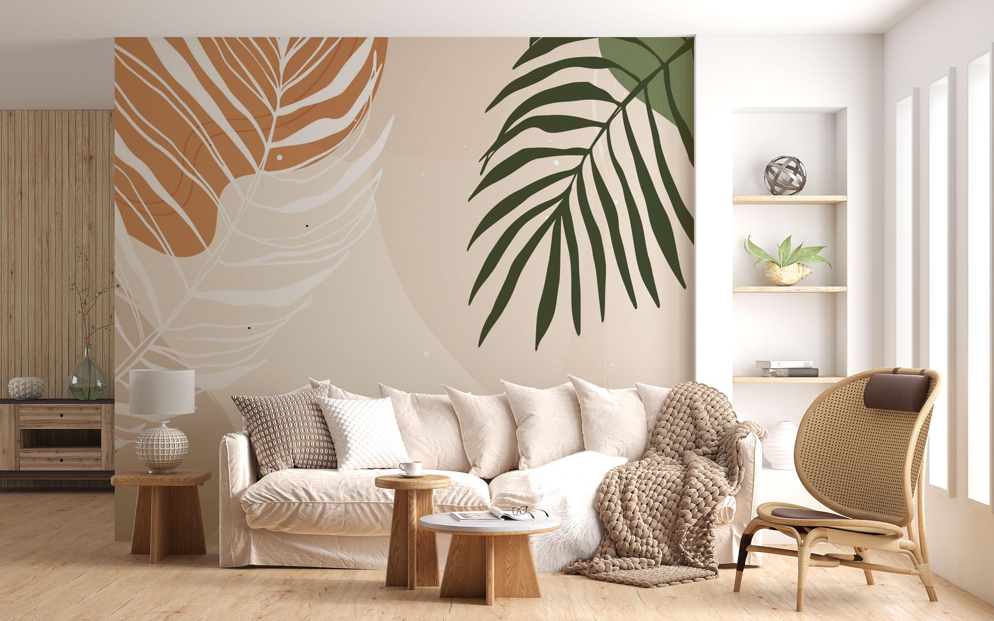 Mid Century Modern Abstract Botanical Wall Mural, Earth Tone Leaf ...