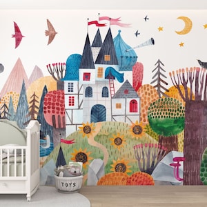 Carta da parati per bambini in stile nordico, murales della foresta, murale della parete del bosco, carta da parati della foresta di colori pastello del castello stacca e attacca, stile europeo