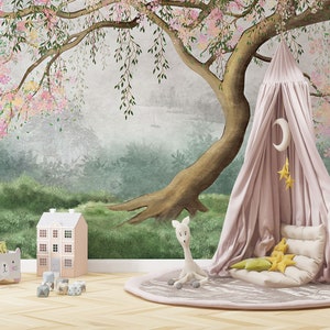 Flowers Kids Wallpaper, Pink Flowers Trees Garden BedroomPeel and Stick Wallpaper, Flowers Nursery Wallpaper, Child Room Flowering Mural