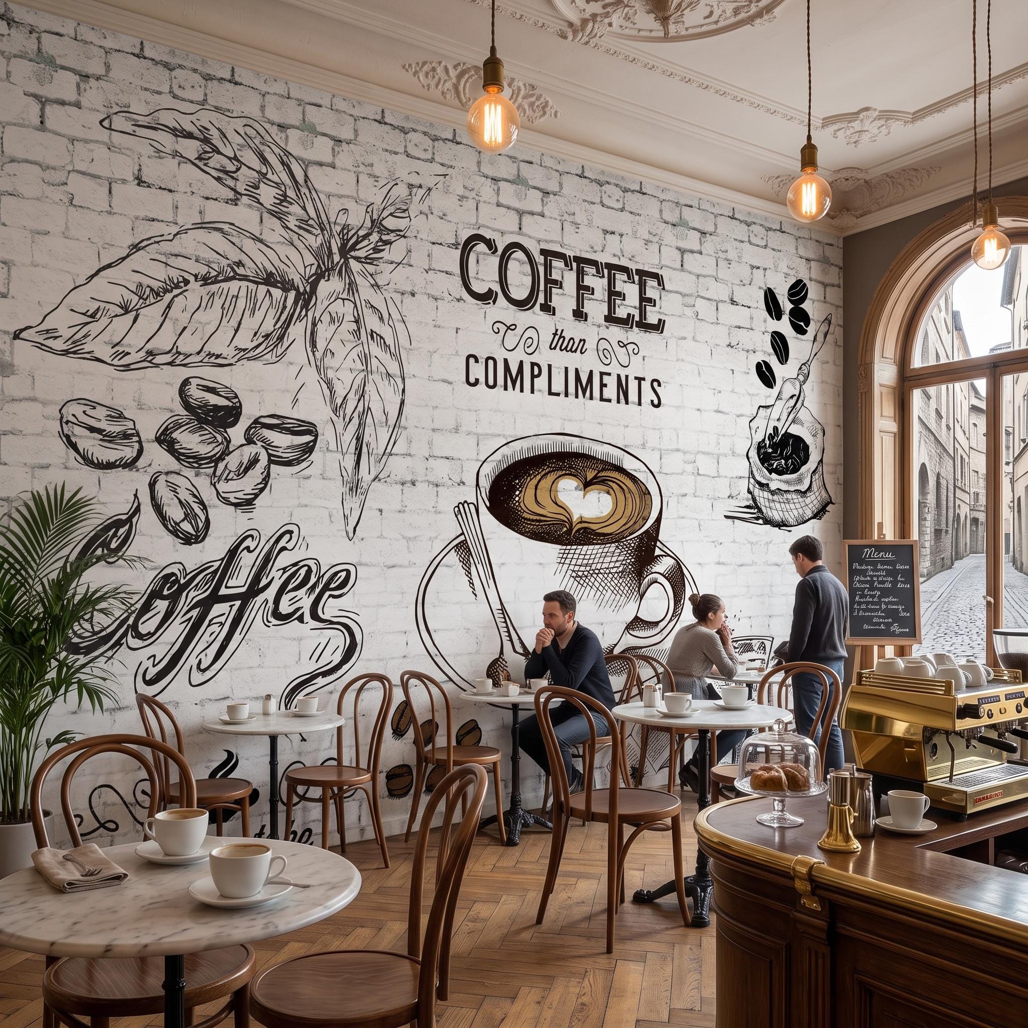 Coffee Shop Wall Mural, Vintage Cafe Brick Wallpaper for Kitchen