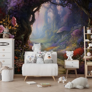Forêt magique design aquarelle papier peint pour enfants, arbre forestier maisons Nusery auto-adhésif amovible, papier peint floral forêt de pépinière