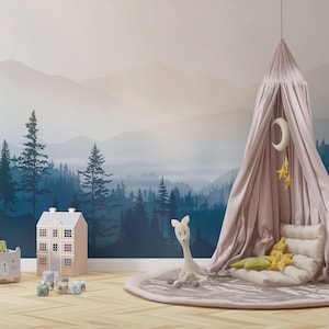 Baby Kids Wallpaper, Mountain Pine Trees Peel and Stick Wall Mural, Self Adhesive Nursery Wall Mural, Child Room Mountain Forest Wall Decor