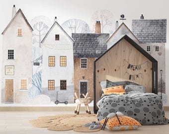 Papel pintado de pueblo escandinavo - Mural nórdico para habitación infantil - Decoración para sala de juegos infantil - Decoración para habitación de bebé