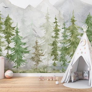 Kids Wallpaper - Mountain and Trees Peel & Stick Textured Wall Mural - Self Adhesive  Nursery Wallpaper- Child Room Watercolor Forest Decal