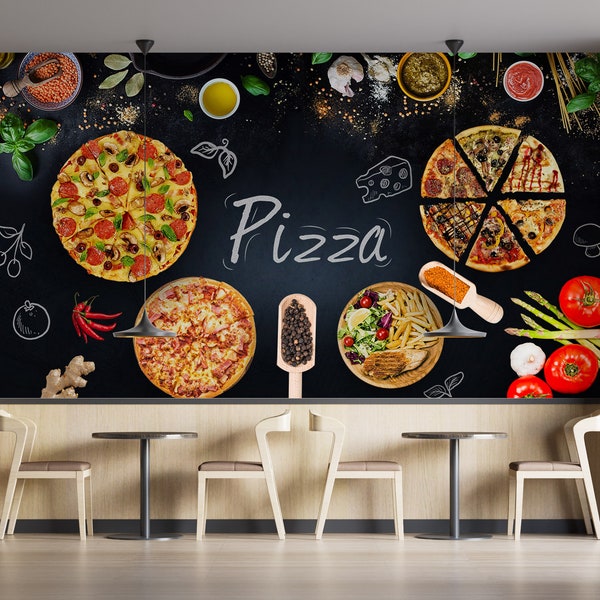 Customizable Retro Pizza Restaurant Wallpaper, Fast Food Cafe Easy Removable Mural, Cafe Wallpaper Dining room Wallpaper Kitchen Wall Decor.