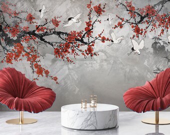 Spring Flowers Birds on The Gray Background Floral Chinoiserie Wallpaper, Floral Self Adhesive Wall Mural, Peel and Stick Crane Bird