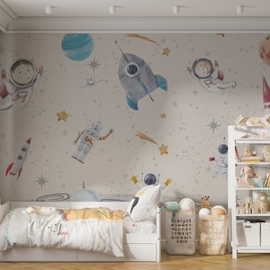 Space Looking Child Room Wallpaper, Space Rocket Removable Nursery Wall Mural, Galaxy Game Room Wall Mural, Space View Play Room Wallpaper